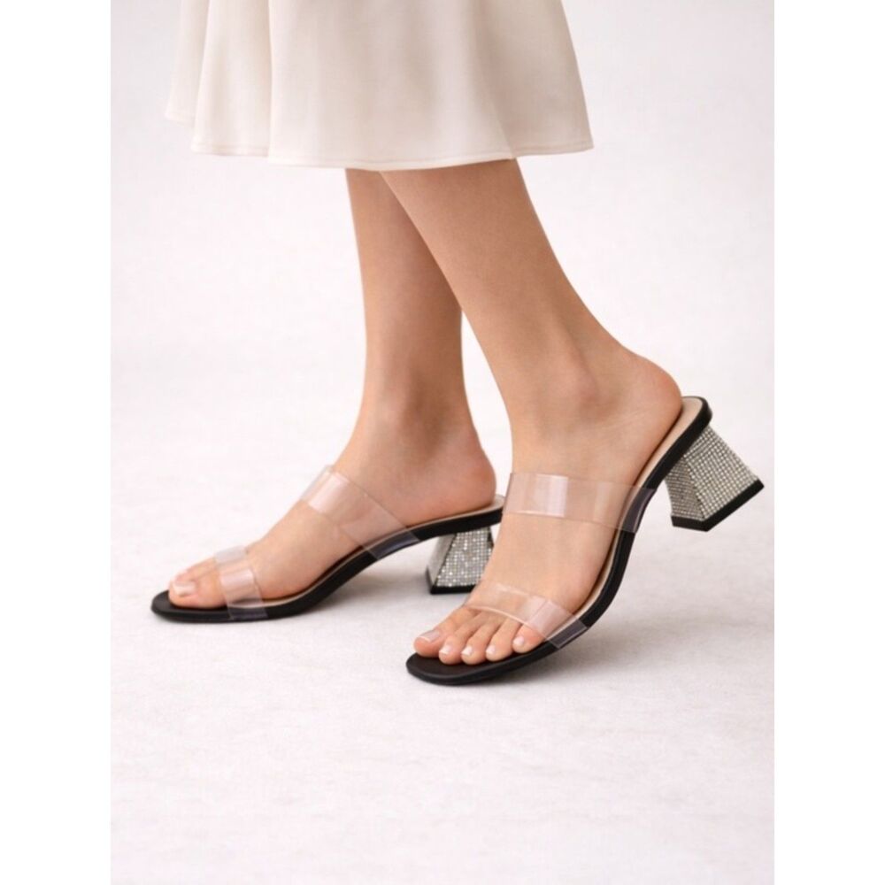 NEW Schutz Shoes Ariellen Low Clear Strap Rhinestone Heel Sandal Mule Size 8.5